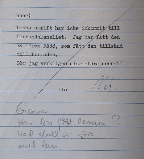 Handskriven lapp ur KSLs arkiv: Bör jag verkligen diarieföra denna?