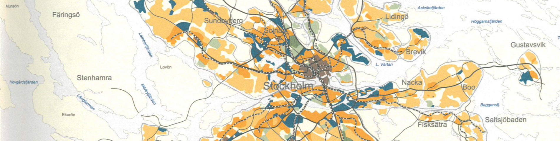 Utsnitt
ur Regionplan 1958. De olika färgerna visar vilka olika användningsområden som
planerades.