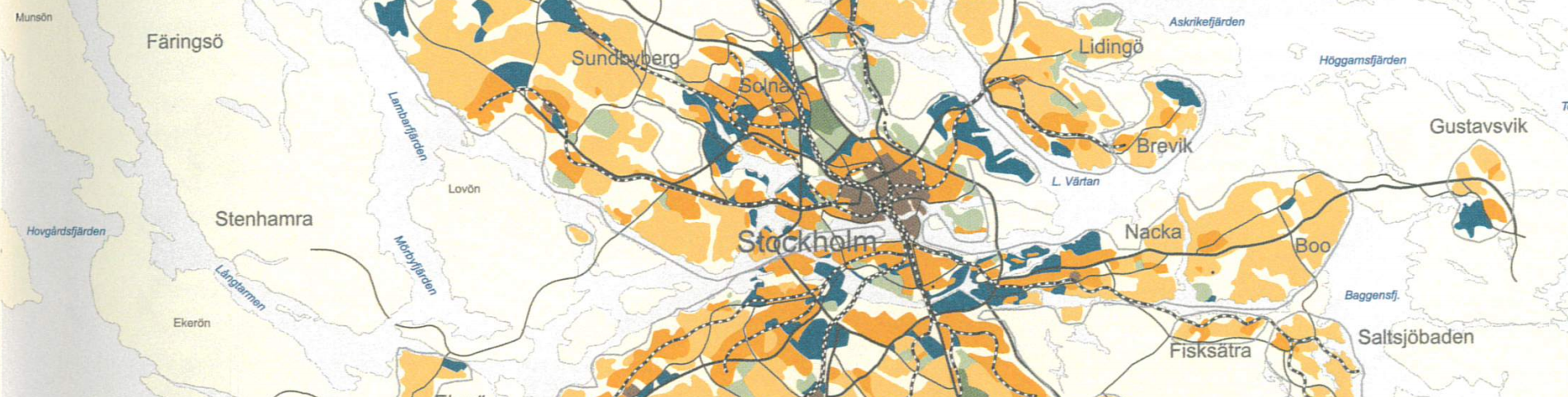 Utsnitt
ur Regionplan 1958. De olika färgerna visar vilka olika användningsområden som
planerades. 